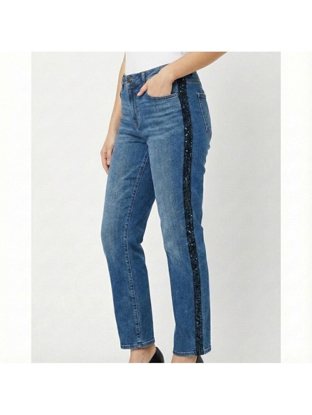 TALBOTS Cotton High Rise Straight Ankle Jean Lace Sequin Tuxedo Stripe US Sz 16